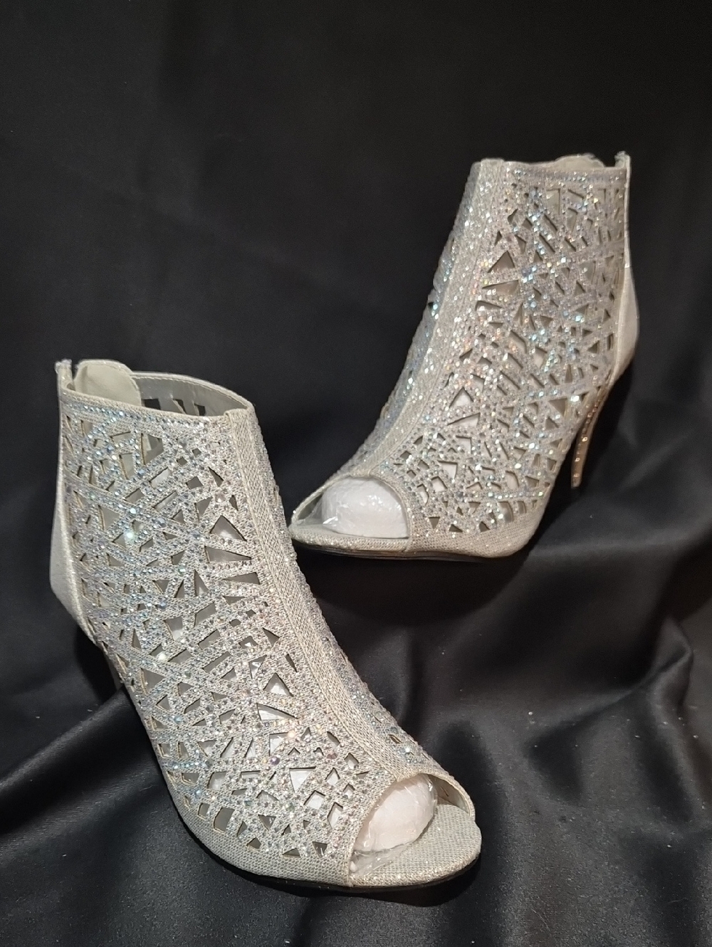 Women's Silver Glitter Cutout Peep-Toe Ankle Boots